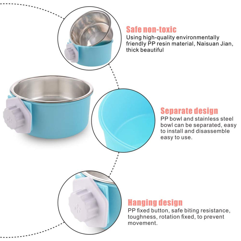 MOACC Crate Dog Bowl, Removable Stainless Steel Dog Bowl with Plastic Puppy Feeder Food Water Bowl for Dogs Cats Rabbits Small Blue - PawsPlanet Australia