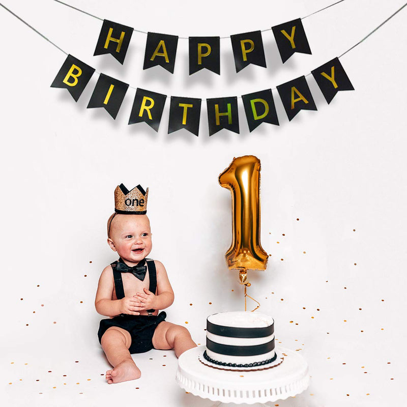 Lovely Black Happy Birthday Banner,Birthday Party Decorations and Supplies,with Shiny Gold Letters, Beautiful, Swallowtail Bunting Flag Garland - PawsPlanet Australia