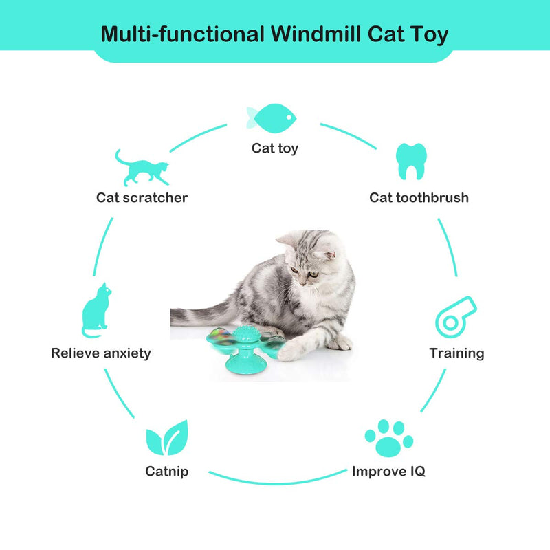 Yimoloyo Windmill Cat Toy for Indoor Cats, Interactive Cat Catnip Toy Cat Toothbrush Hair Brush Turntable Message Scratching Tickle Kitty Toys with Strong Suction Cup LED Light/Catnip Balls Blue - PawsPlanet Australia