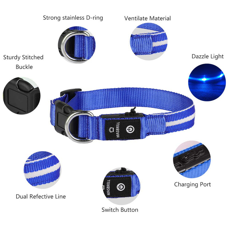 MASBRILL Light Up Dog Collar, LED Dog Collar with USB Rechargeable & 100% Waterproof, Super Bright Flashing Dog Collar with 10 Hours Working Time(Blue, M) Medium(50cm/19.67") Blue - PawsPlanet Australia