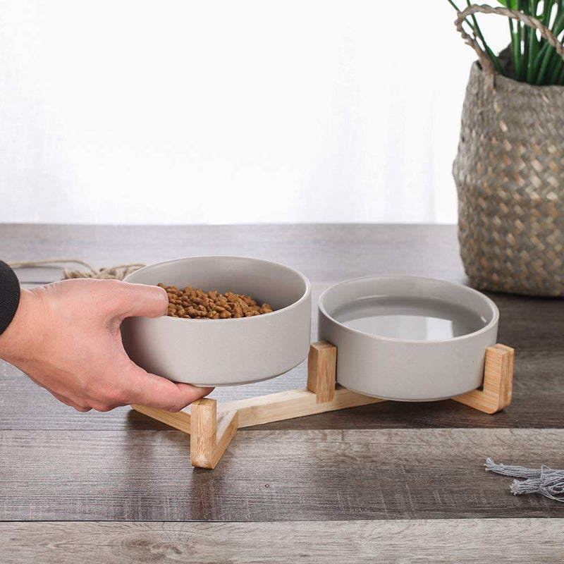 HCHLQLZ Grey Ceramic Cat Dog Bowl Dish with Wood Stand No Spill Pet Food Water Feeder Cats Small Dogs Set of 2 Grey ×2 - PawsPlanet Australia