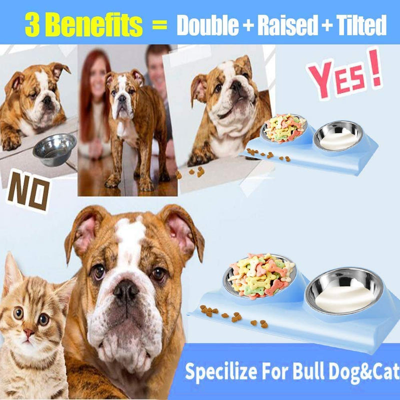 QUEEN FOREVER Rasied Tilted Cat Bowls Anti-Gulping Slow Feeder Slanted Dog Bowl for French Bulldog Non-Skid Stop Eco-Friendly Melamine Water Pet Bowls (Blue, Double Bowls) Blue - PawsPlanet Australia