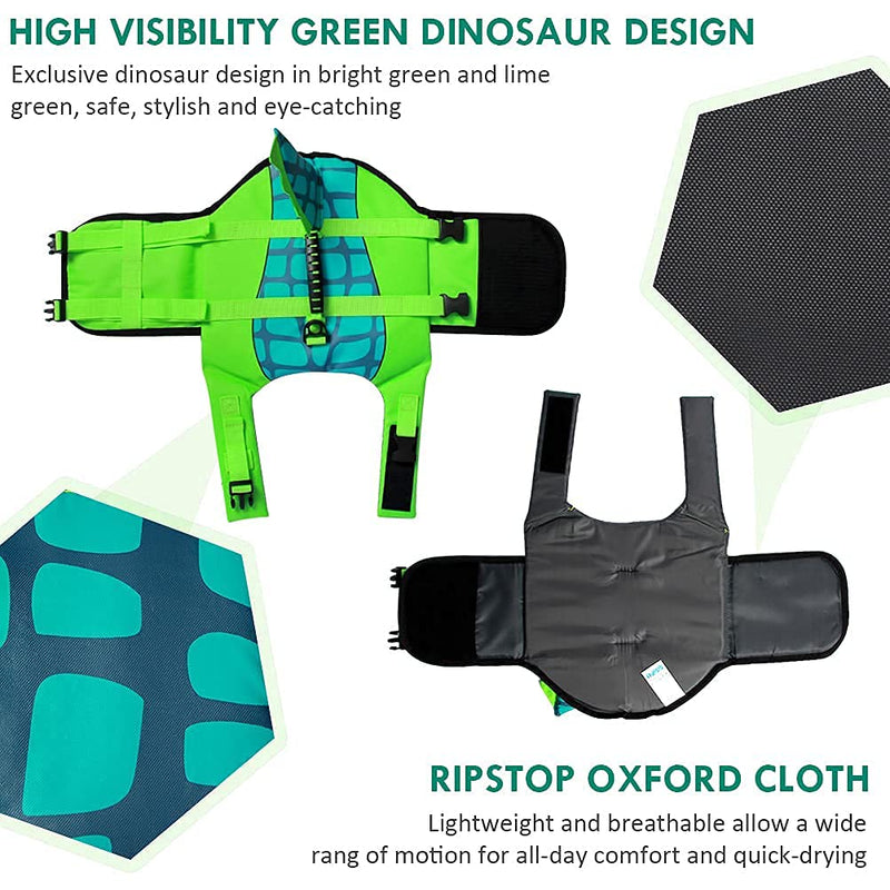 Durable Dog Life Jacket, Adjustable Ripstop Pet Safety Vest, Dog Lifesaver with Rescue Handle for Small Medium or Larger Dog, Eliminate Anxiety/Tension, Enhanced Buoyancy, Swimming, Green Dinosaur S Green Dinosaurs - PawsPlanet Australia