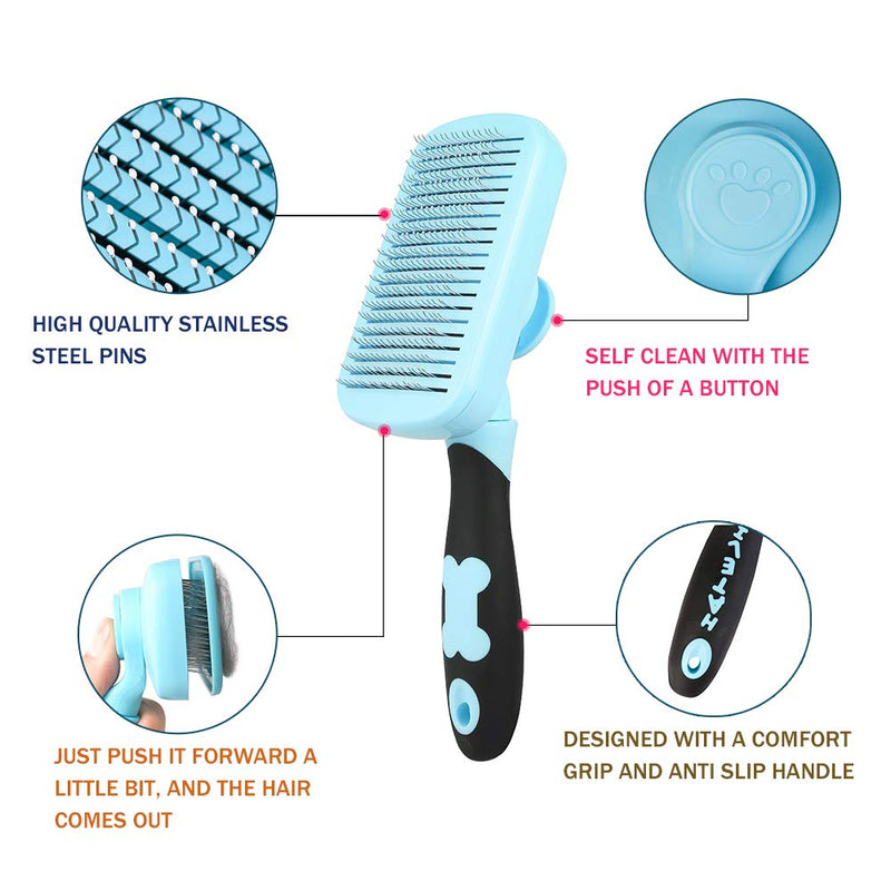 HATELI Self Cleaning Slicker Brush for Cat & Dog - Cat Grooming Brushes for Shedding Removes Mats, Tangles and Loose Hair Suitable Cat Brush for Long & Short Hair (360°Blue) 360°Blue - PawsPlanet Australia