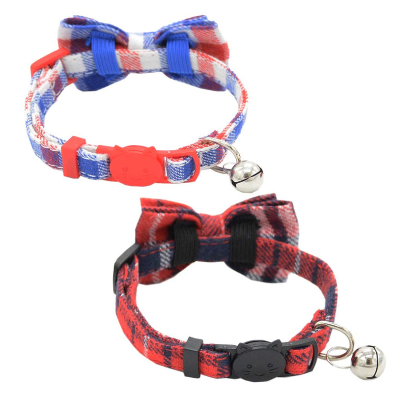 [Australia] - 2 PCS Breakaway Cat Collar with Bowtie and Bell, Safety Buckle Plaid Pattern for Kitten Puppy 