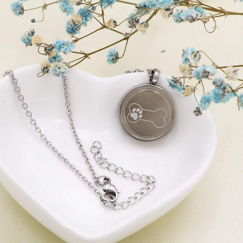 [Australia] - Pet Ashes Necklace 20mm Round Shape Stainless Steel Memorial Urn Jewelry Etching Paw Print & Dog Bone Cremation Pendant Silver 