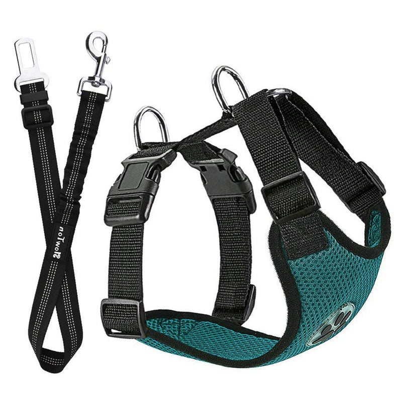 SlowTon Dog Harness with Seat Belt for Car, Double Layer Breathable Latex Mesh Puppy Harness, Regular Safety Harness Dog for All Everyday Sports (Green, S) Green - PawsPlanet Australia