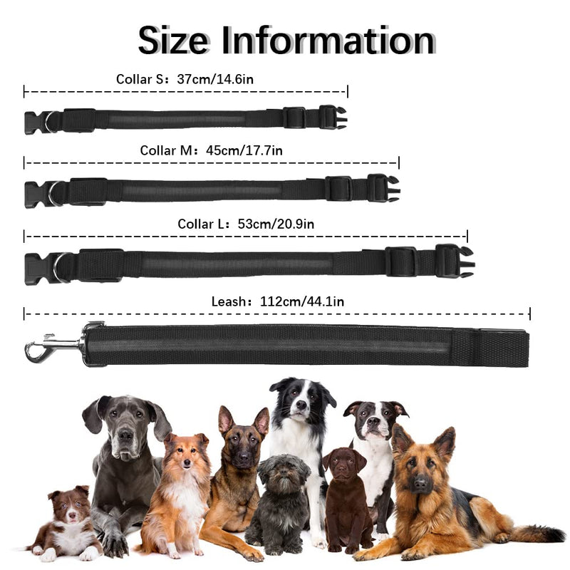 Muasegow LED Dog Collar，USB Rechargeable Dog Lights for Night Walking，Light up Dog Collars，Weatherproof，Adjustable for Puppies Medium Dogs Large Dogs，Include Light-Up Dog Leash S Black - PawsPlanet Australia