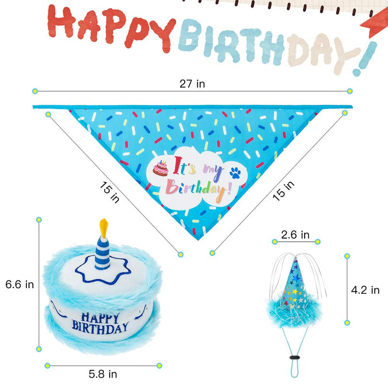 EXPAWLORER Dog Birthday Bandana Set - Cute Hat and Squeaky Cake Toy for Birthday Party Supplies Gift - Great for Small Medium Large Dogs Blue - PawsPlanet Australia