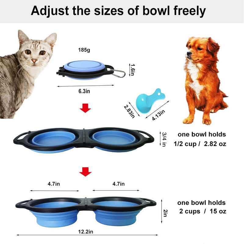 Tmsuxin Collapsible Dog Bowls Water, Portable Travel Pet Food Feeding Cat Bowl, Foldable Portable Double Bowls Design with Free Carabiner Cat Food Scoops, Suitable for Traveling, Hiking, Camping Blue - PawsPlanet Australia