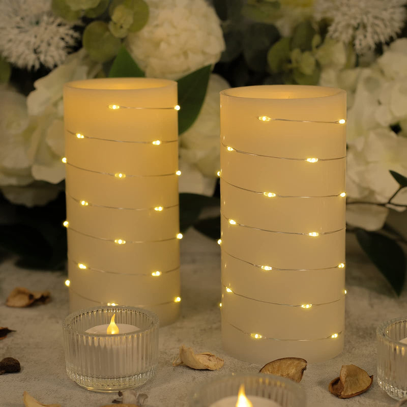 Flameless Candles Battery Operated BeMoment String of White Led Lights Wrapped Around Real Wax Pillar Candles with Remote and Timer Pack of 2 (3"×6") - PawsPlanet Australia