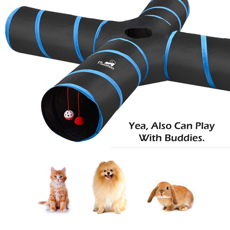Pawaboo Cat Toys, Cat Tunnel Tube 4 Way Tunnels Extensible Collapsible Cat Play Tent Interactive Toy Maze Cat House with Balls and Bells for Cat Kitten Kitty Rabbit Small Animal, Black & Light Blue - PawsPlanet Australia