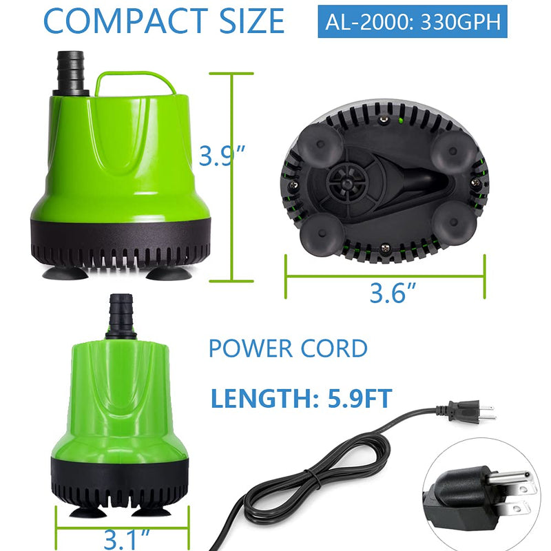 ALLYLANG 330GPH 25W Aquarium Submersible Water Pump, Apply to Fish Tank / Pond Fountain / Statuary / Hydroponics with 3 Nozzles 5.9ft Power Cord (330GPH) - PawsPlanet Australia