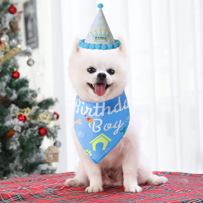 Dog Birthday Bandana Hat Kit,Triangle Cotton Dog Scarf with Cute Birthday Boy/Girl Decorations,Puppy Birthday Party Hat Set Dog Birthday Cake Outfit Gift/Pet Party Supplies Accessories(Blue) Blue - PawsPlanet Australia