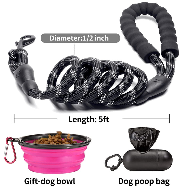 COOYOO 2 Pack Dog Leash 5 FT Heavy Duty - Comfortable Padded Handle - Reflective Dog Leash for Medium Large Dogs with Collapsible Pet Bowl 1/2"x 5 FT (18~120 lbs.) Set 1-Black+Pink - PawsPlanet Australia