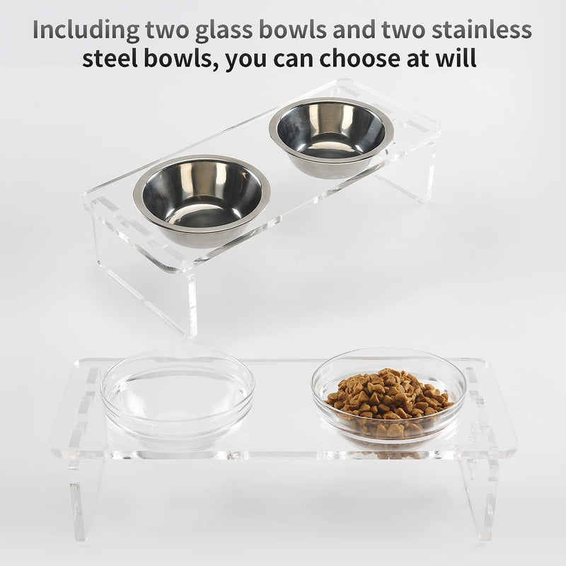 Elevated Cat Dog Bowls - Feoyoho Raised Pet Bowl Acrylic Feeder Stand with Two Removable Glass Bowls and Extra Two Stainless Steel Bowls for Small Dogs Cats,3.75 Inch small-3.75'' tall,1.5 cup bowl - PawsPlanet Australia