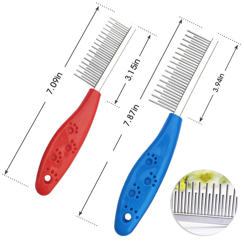 Pet Hair Buster Comb, 2PCS Detangling Brush for Dogs Stainless Steel Long and Short Teeth Hair Buster for Rabbits, Cats, Dogs, Hamsters, Guinea Pigs, Red and Blue - PawsPlanet Australia