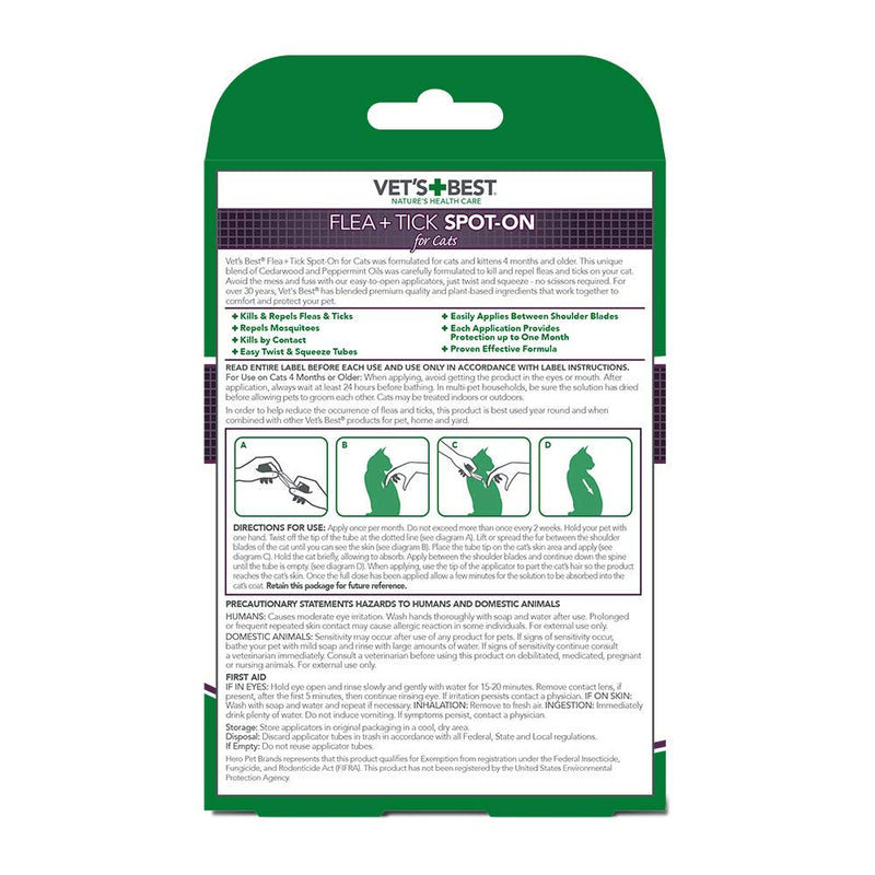 [Australia] - Vet's Best Flea + Tick Spot-On for Cats| Cat Flea and Tick Treatment and Prevention| Made with Certified Natural Oils | 