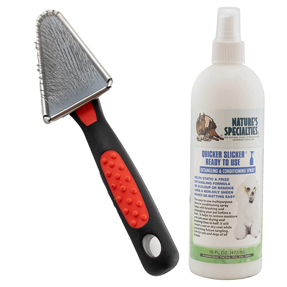 Paw Brothers Grooming Tool and Nature's Specialties Conditioning Spray Bundle - Soft Pin Triangle Slicker Dog Brush - Quicker Slicker Detangling and Conditioning Spray, Ready to Use, 16 oz - PawsPlanet Australia