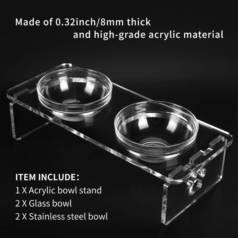 Elevated Cat Dog Bowls - Feoyoho Raised Pet Bowl Acrylic Feeder Stand with Two Removable Glass Bowls and Extra Two Stainless Steel Bowls for Small Dogs Cats,3.75 Inch small-3.75'' tall,1.5 cup bowl - PawsPlanet Australia