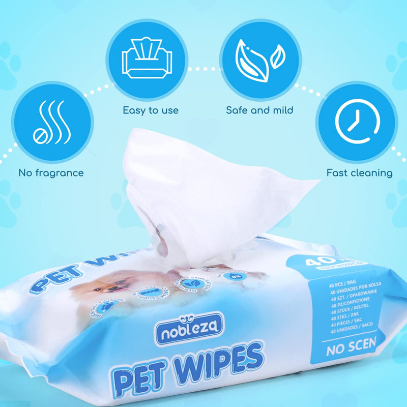 Nobleza Grooming Wipes for Dogs, Deodorizing Cleaning Wipes with Freshness Closure, Mild, Tear-Resistant, Cleaning, Wet Wipes for Dogs, Dog Wipes, Pack of 40 - PawsPlanet Australia