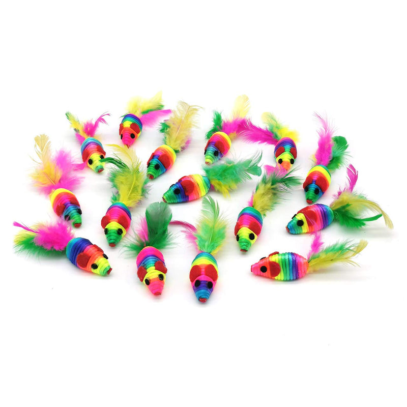 [Australia] - Chiwava 24PCS 5" Rattle Cat Toys Mice with Feather Rainbow Rope Mouse Kitten Interactive Toy Assorted Color 