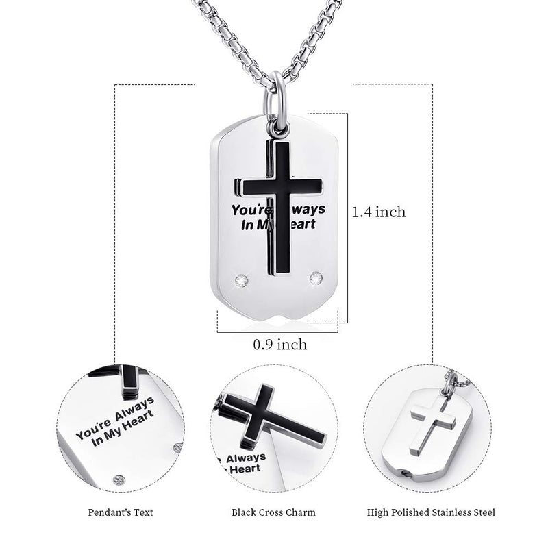 EternityMemory Black Cross Charm Dog Tag Stainless Steel Cremation Necklace for Men -You're Always in My Heart Memorial Urn Jewelry for Ashes for Dad - PawsPlanet Australia