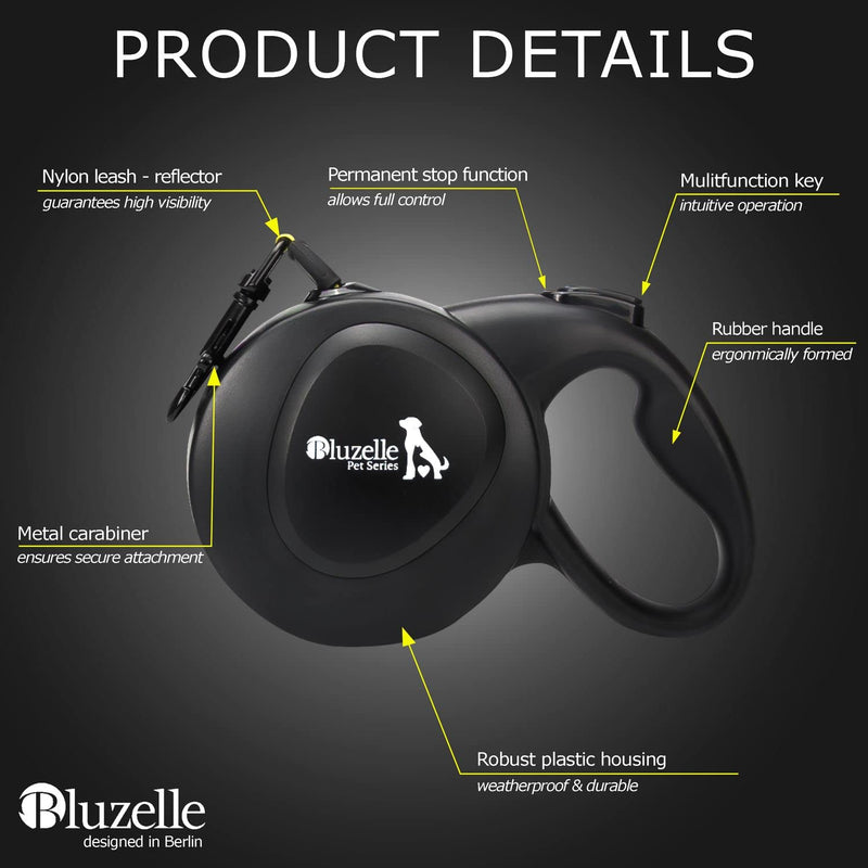 BLUZELLE 8m long dog leash for dogs up to 50kg, flexible retractable leash, neon yellow, bright reflector strap with 360° metal carabiner hook, ergonomic black rubberized handle & retraction brake - PawsPlanet Australia