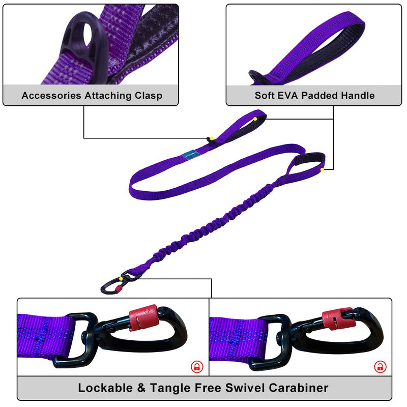 [Australia] - ThinkPet Bungee Dog Leash 5ft Long - Padded Traffic Handle - Heavy Duty - Double Handles Lead for Control -Shock Absorption Safety Training Leashes for Large Dogs or Medium Dogs Purple 