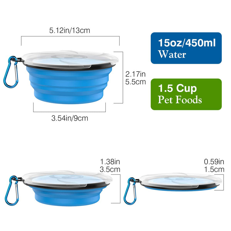 Pawaboo Collapsible Dog Bowls 2 Pack, Silicone Feeding Watering Bowls with Lids & Carabiners for Dogs Cats, Portable Collapsable Water Feeder Food Bowl for Walking Traveling Home Use, Blue + Green 450ml - PawsPlanet Australia