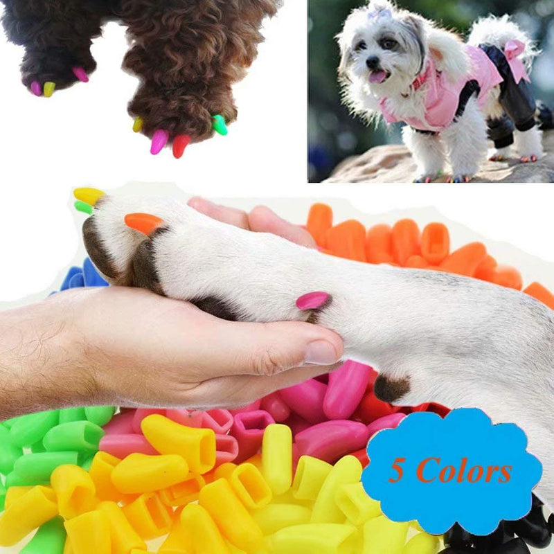 JOYJULY 100pcs Pet Puppy Dog Nail Soft Claw Paws Covers Caps, Control Paws Claws Covers of 5 RANDOM+ 5 Adhesive Glue,S S (110 Count) - PawsPlanet Australia