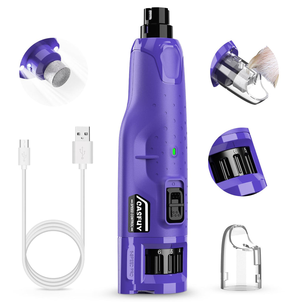 Casfuy Dog Claw Grinder - (45dB) 6 Speed Pet Claw Grinder with 2 LED Lights for Large, Medium and Small Dogs and Cats. Electric dog nail trimmer with dust cap purple - PawsPlanet Australia