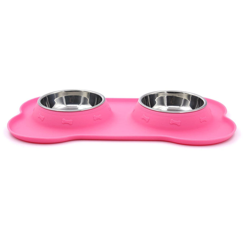 [Australia] - Super Design Double Bowl Pet Feeder Stainless Steel Food Water Bowls with No Spill Silicone Mat for Dogs Cats Small Pink 