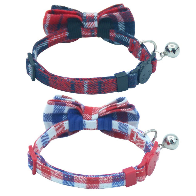 [Australia] - OFPUPPY Cute Bowtie Cat Collar Breakaway with Bell 2 Pack Plaid Collar Set for Kitty Puppy Adjustable 7.8-10.2" Classic Plaid 