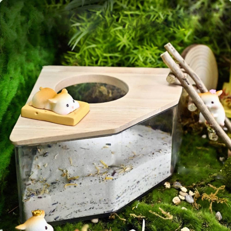 Pssopp Hamster Bath Box Right Angle Fan Acrylic Safe Hamster Sand Bathroom with Natural Wood Cover for Mice or Other Small Pet Hamster - PawsPlanet Australia