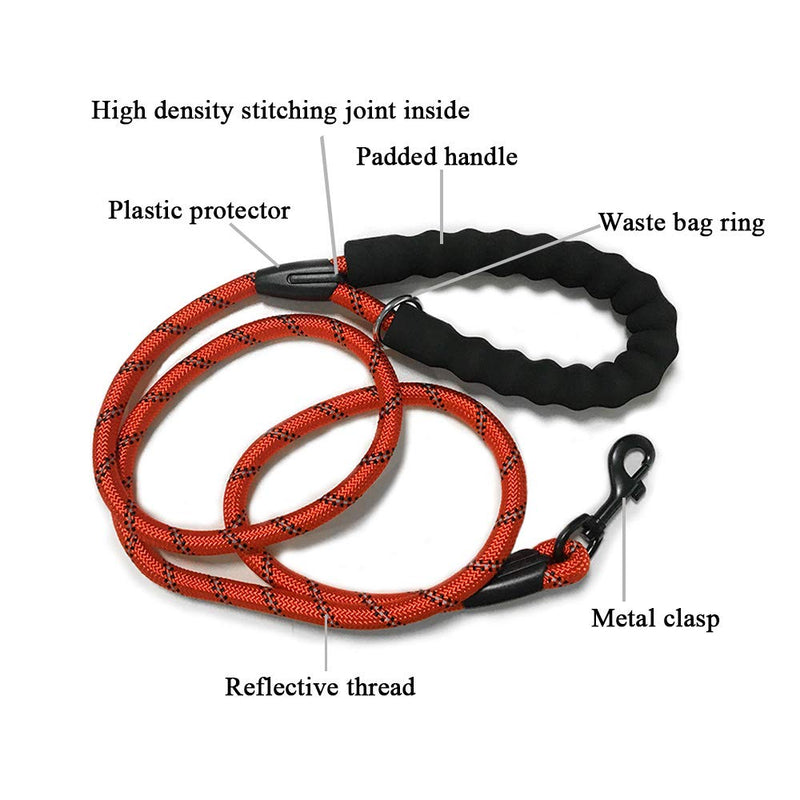 OFHome 5 FT Strong Dog Leash , Heavy Duty Rope Lead for with Comfortable Padded Handle and Highly Reflective Threads for Small Medium Large Dogs （Red） Red - PawsPlanet Australia
