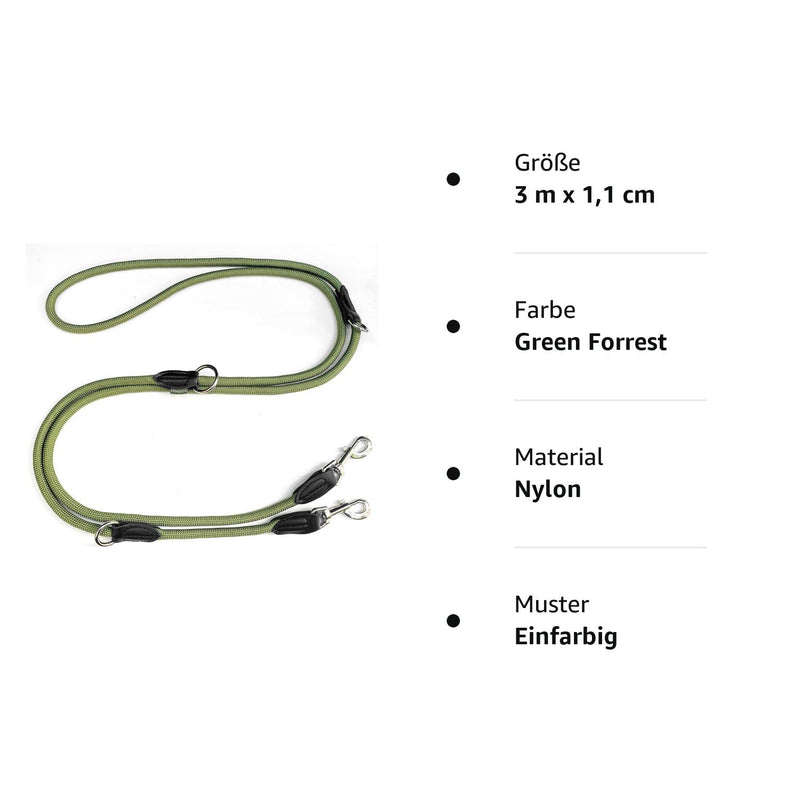 Quiet green dog leash 3m adjustable for large & medium dogs | Paracord leash | Nylon double leash with 2 carabiners | 3 meters long | Model Derby | Olive green Green Forest 3 m x 1.1 cm - PawsPlanet Australia