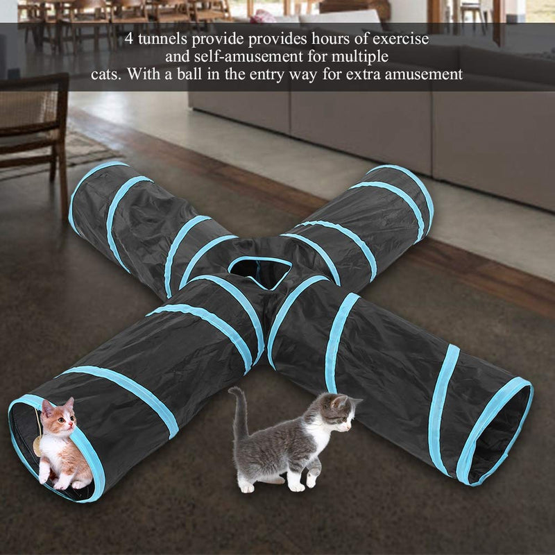 Pet Tunnel Portable Foldable 4 Way Cat Dog Play Tunnel Indoor Outdoor Small Animals Interactive Agility Exercise Training Toy (Blue) - PawsPlanet Australia