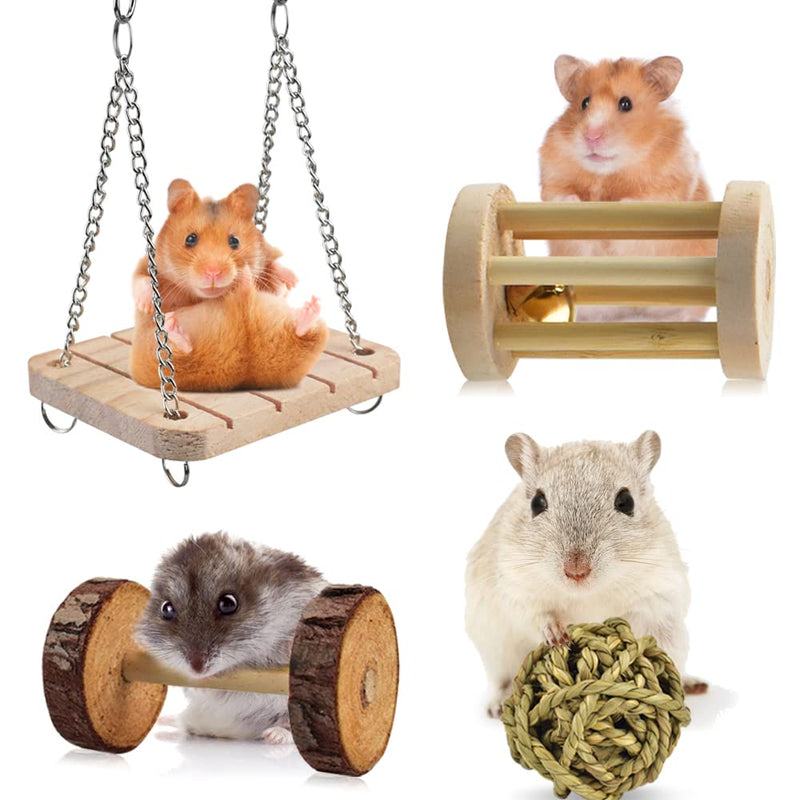 ERKOON Hamster Chew Toys 12 Pack Gerbil Rat Guinea Pig Chinchilla Toys Accessories, Natural Wooden Dumbbells Exercise Bell Roller Teeth Care Molar Toy for Hamster Rabbits Parrot Syrian - PawsPlanet Australia