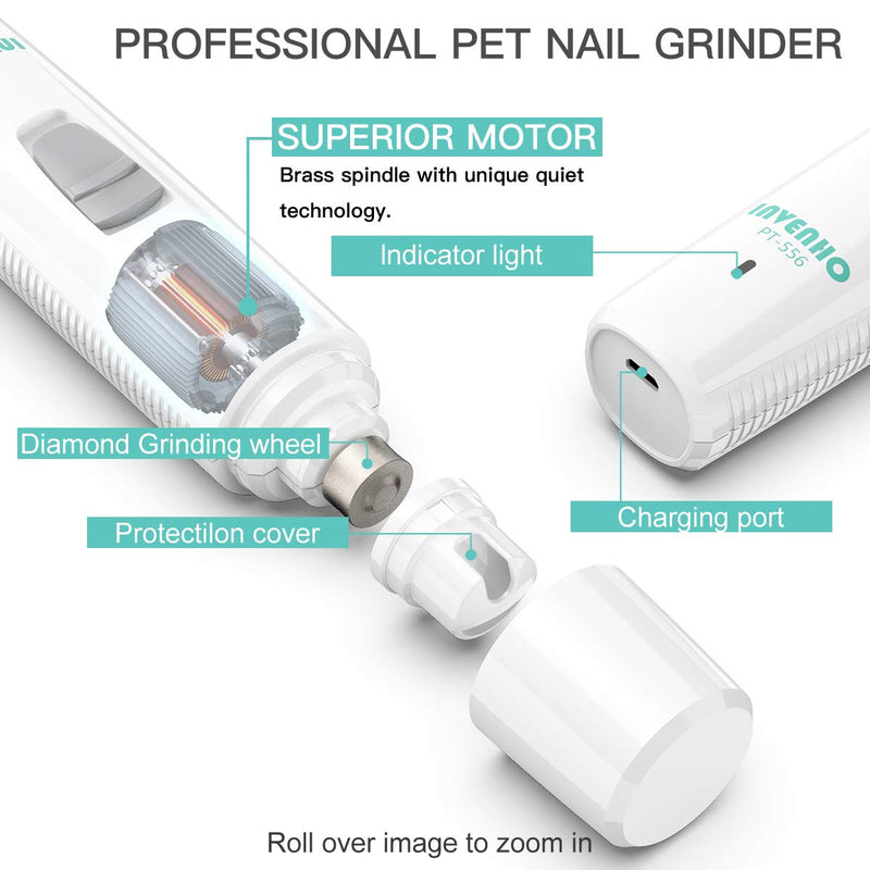 [Australia] - INVENHO Pet Nail Grinder Electric Paw Trimmer Clipper Small Medium Large Dogs Cats Small Animals Portable & Rechargeable Gentle Painless Paws Grooming Trimming Shaping Smoothing White 