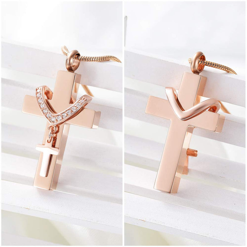 Stainless Steel Cross Memorial Cremation Ashes Urn Pendant Necklace Keepsake Jewelry Urn RoseGold - PawsPlanet Australia