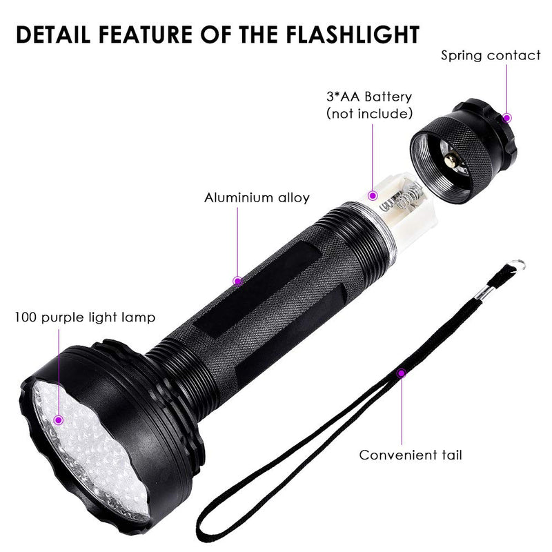 UV Flashlight,100 LEDs UV Torch with UV Protection Glasses for Dog Cat Urine Carpet Detector, 395nm Upgraded Black Light Ultraviolet Flashlight Detector for Pet Urine, Stain, Bed Bugs and More - PawsPlanet Australia