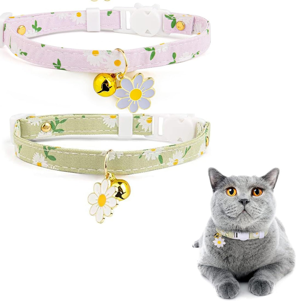 ASYKNM 2 Pack Cotton Cat Collars with Bells, Purple and Green Flower Pendant, Cute Accessories for Girls and Boys, Perfect for Kittens of All Kinds. - PawsPlanet Australia
