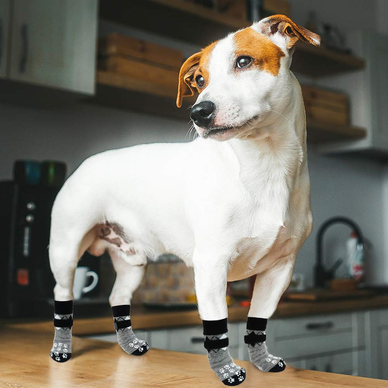 PUPTECK Double-Side Anti-Slip Dog Socks - 6 Pack Strong Traction Control for Indoor on Hardwood Floor with Adjustable Straps and Classic Rhombus Plaid Pattern, Puppy Pet Paw Protection S: length 5.9" foot width 2.15" Grey - PawsPlanet Australia