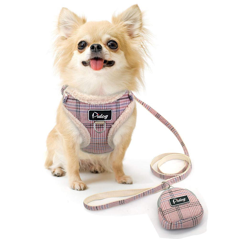 [Australia] - Didog Soft/Cosy Dog Vest Harness and Leash Set with Cute Bags,No Pull Escape Proof Breathable Mesh Dog Harness,Classic Plaid/Back Openable,Fit Walking Small Dogs, Cats S:Chest 13.5-15",Neck 12.5-14" PINK 