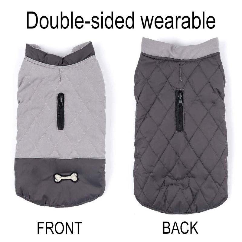 Winter Dog Coat Reversible Dog Jackets Bone Waterproof Reflective Cold Weather Pet Wearing for Small Medium Large Dogs (Grey, XS) Grey X-Small - PawsPlanet Australia