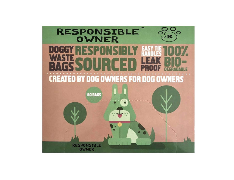 Responsible Owner Dog Poo Bags, 80 Environmentally Friendly, Extra Thick, Super Strong, 100% Biodegradable Dog Bags, With Easy-tie Handles, Leak-proof, Each Dog Poo Bag Measures 17 x 37cm - PawsPlanet Australia
