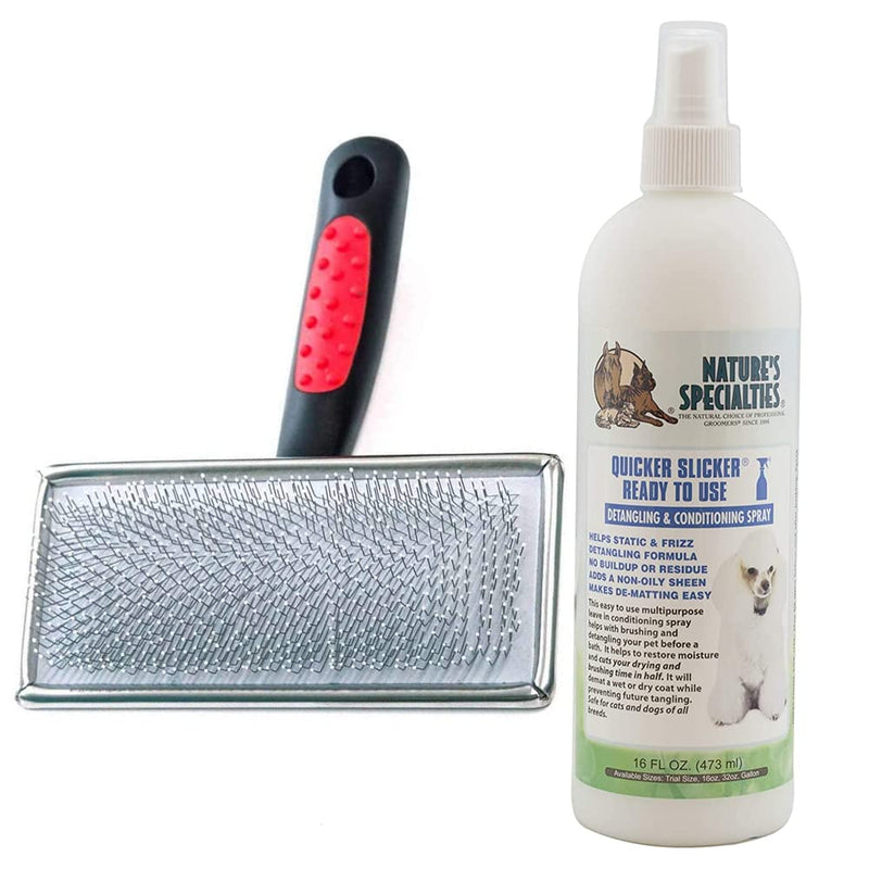 Paw Brothers Grooming Tool and Nature's Specialties Conditioning Spray Bundle - Soft Pin Flat Slicker Brush, Large - Quicker Slicker Detangling and Conditioning Spray, Ready to Use, 16 oz - PawsPlanet Australia