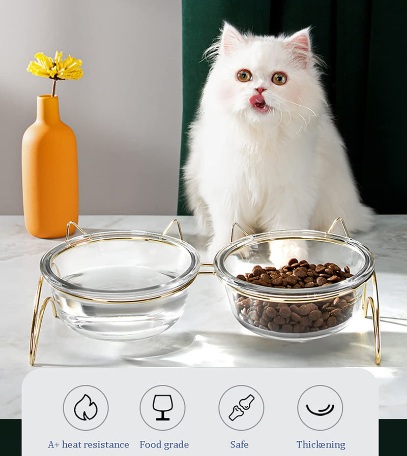 Elevated Pet Bowls for Cats and Small Dogs, 12° Tilted Raised Bowls, Feeding Dishes for Food and Water, Thicken Solid Glass Stand Feeder Set for Cats and Puppy - PawsPlanet Australia