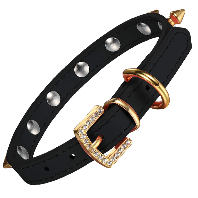 LOVPE Dog Collar/Cat Collar One Row Golden Spiked Studded Leather Pet Collars with Golden Rhinestone Buckle for Small Dog/Cat Puppy Kitty (S, Black) S - PawsPlanet Australia